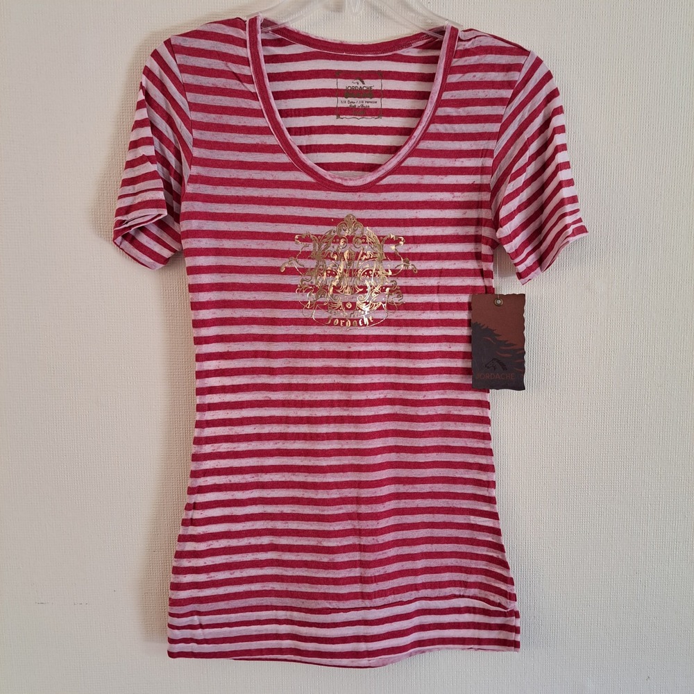 Jordache Tunic T-Shirt Womens S Red/White Striped Gold Foil Crest NWT 1425-330